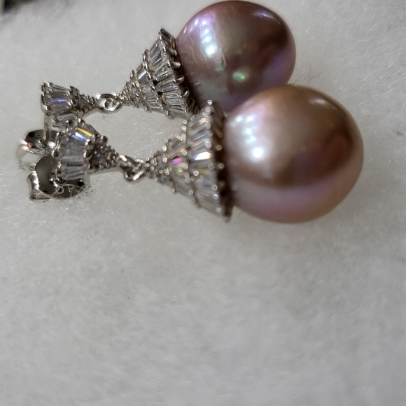 Cultured Fresh Water Pearl With Cubic Zirconia Rhodium Over Silver Earrings - Picture 4 of 4